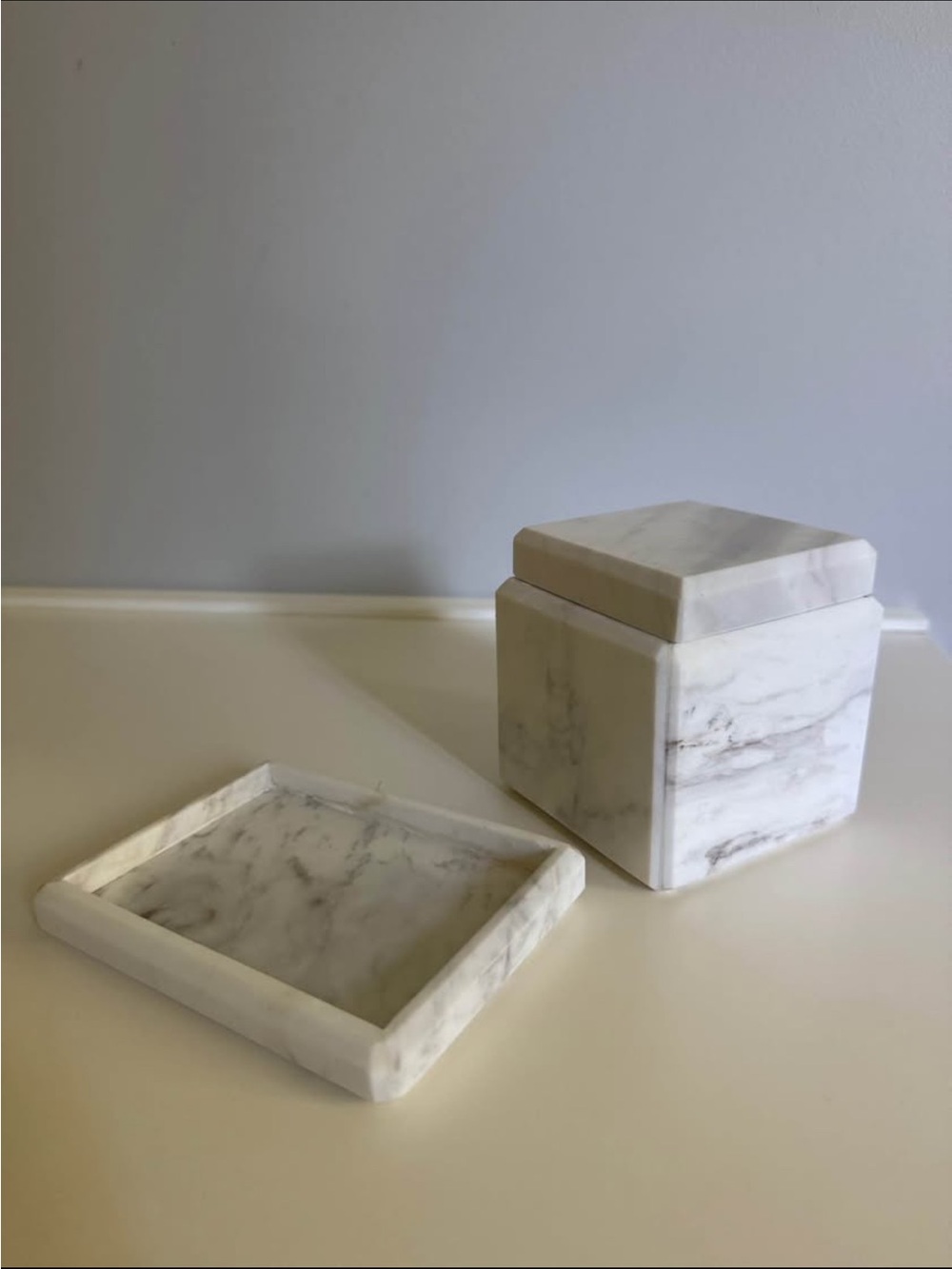 Water Works White Marble Bathroom Jar and Tray Set